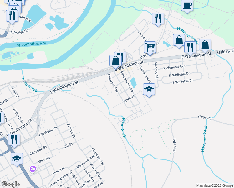 map of restaurants, bars, coffee shops, grocery stores, and more near 112 Slagle Avenue in Petersburg