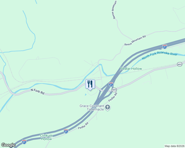 map of restaurants, bars, coffee shops, grocery stores, and more near 2351 Reese Mountain Road in Elliston