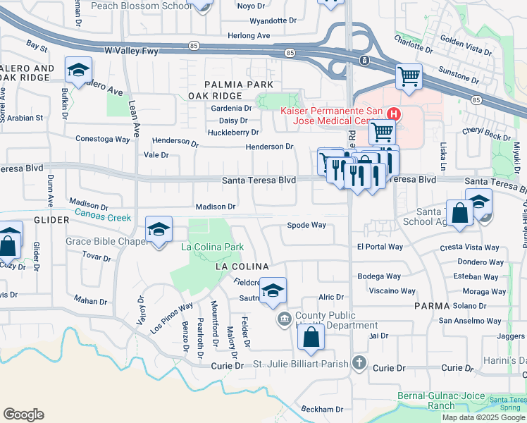 map of restaurants, bars, coffee shops, grocery stores, and more near 346 Oakberry Way in San Jose