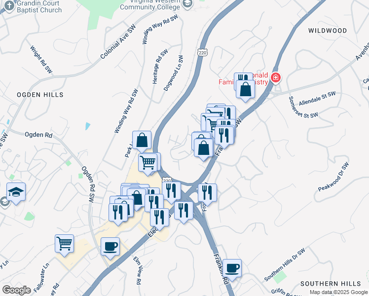 map of restaurants, bars, coffee shops, grocery stores, and more near 3719 Parliament Road Southwest in Roanoke