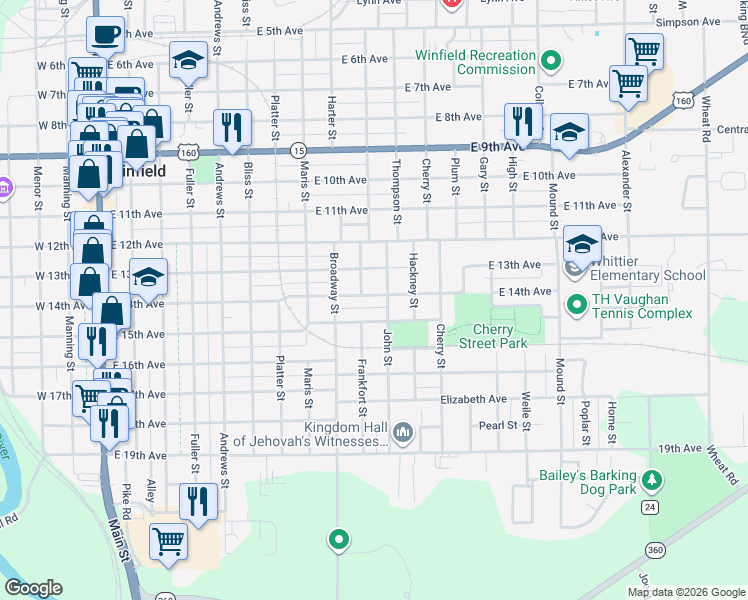 map of restaurants, bars, coffee shops, grocery stores, and more near 1314 Torrance Street in Winfield