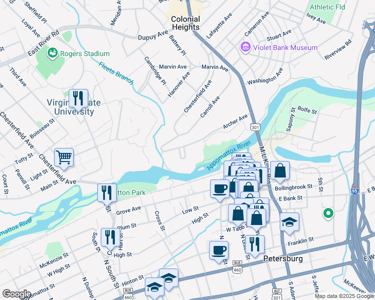 map of restaurants, bars, coffee shops, grocery stores, and more near 207 Archer Avenue in Colonial Heights