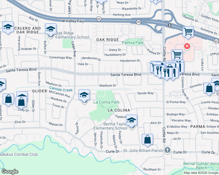 map of restaurants, bars, coffee shops, grocery stores, and more near 6125 Urlin Court in San Jose
