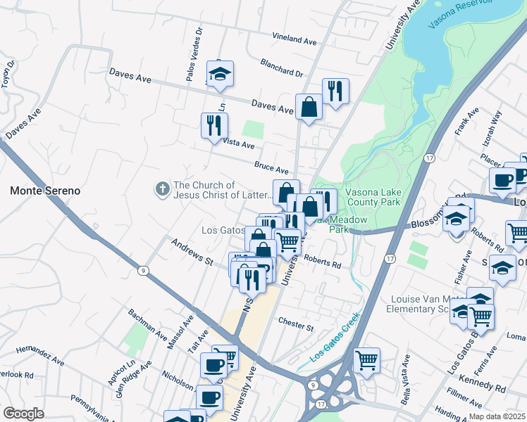 map of restaurants, bars, coffee shops, grocery stores, and more near 230 San Mateo Avenue in Los Gatos
