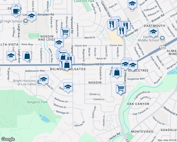 map of restaurants, bars, coffee shops, grocery stores, and more near 1702 Blossom Hill Road in San Jose