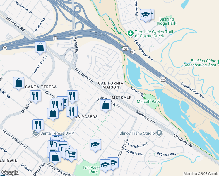 map of restaurants, bars, coffee shops, grocery stores, and more near 6985 Rodling Drive in San Jose