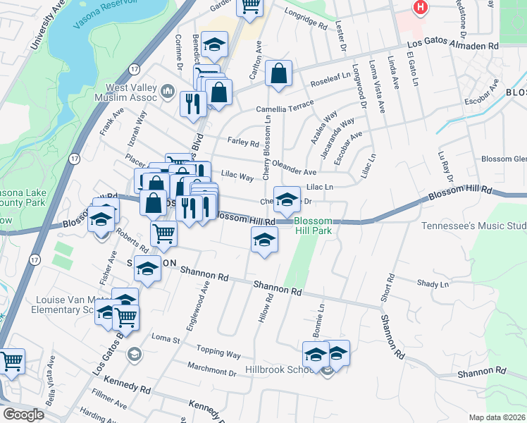map of restaurants, bars, coffee shops, grocery stores, and more near 855 Cherrystone Drive in Los Gatos