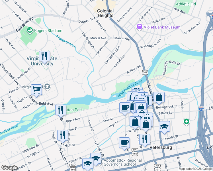 map of restaurants, bars, coffee shops, grocery stores, and more near 207 Archer Avenue in Colonial Heights