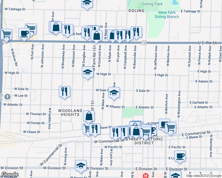 map of restaurants, bars, coffee shops, grocery stores, and more near 2134 North Main Avenue in Springfield