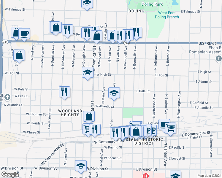 map of restaurants, bars, coffee shops, grocery stores, and more near 2103 North Lyon Avenue in Springfield