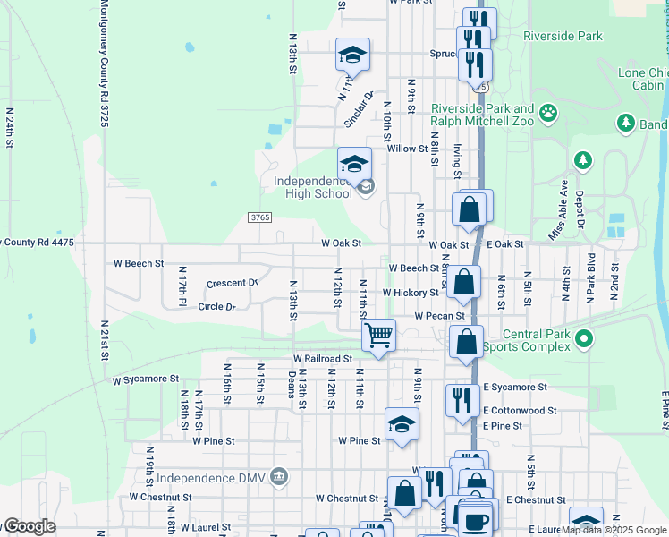 map of restaurants, bars, coffee shops, grocery stores, and more near 609 West Beech Street in Independence