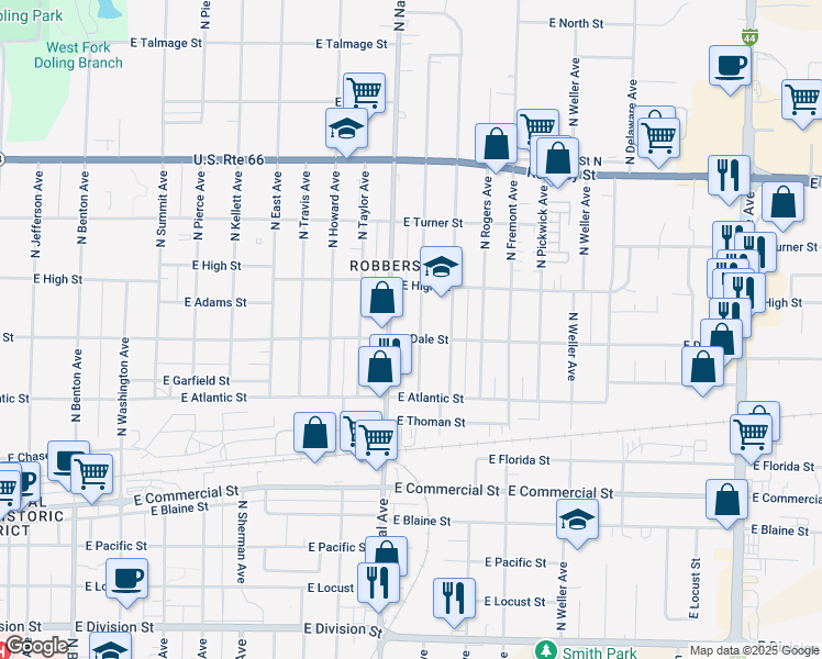 map of restaurants, bars, coffee shops, grocery stores, and more near 2116 North National Avenue in Springfield