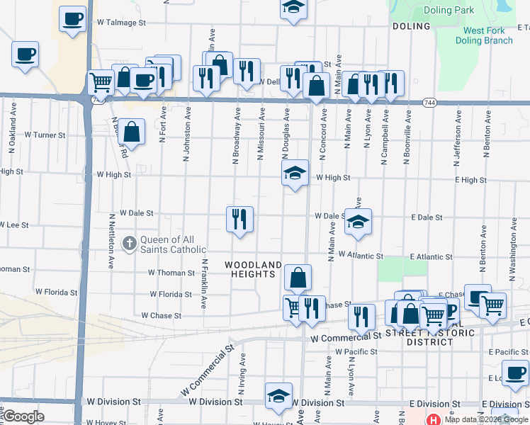 map of restaurants, bars, coffee shops, grocery stores, and more near 2125 North Douglas Avenue in Springfield