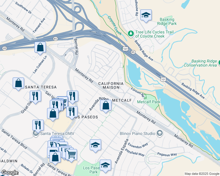 map of restaurants, bars, coffee shops, grocery stores, and more near 6961 Rodling Drive in San Jose
