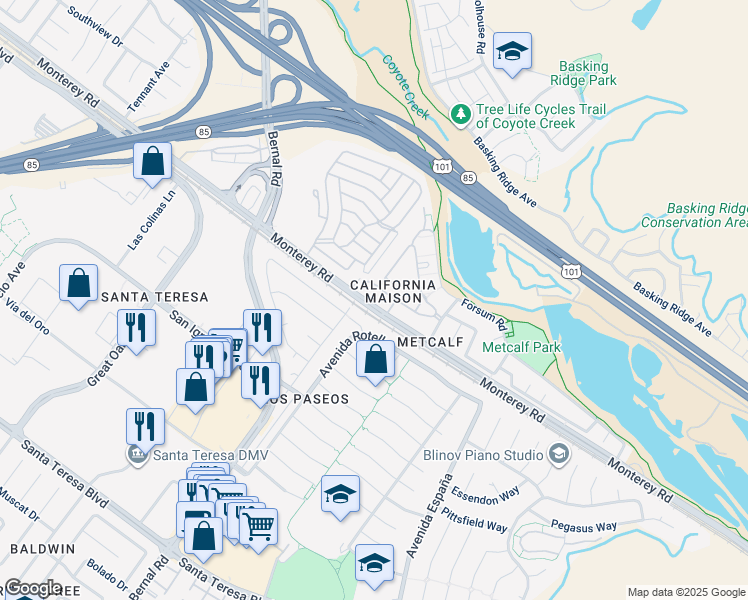 map of restaurants, bars, coffee shops, grocery stores, and more near 14 Larisa Oaks Place in San Jose