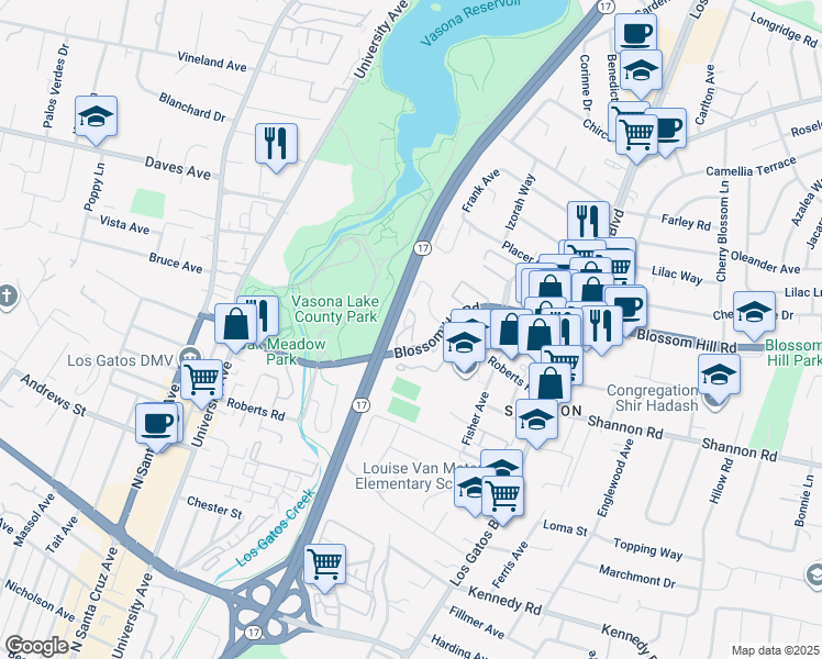 map of restaurants, bars, coffee shops, grocery stores, and more near 400 Blossom Hill Road in Los Gatos