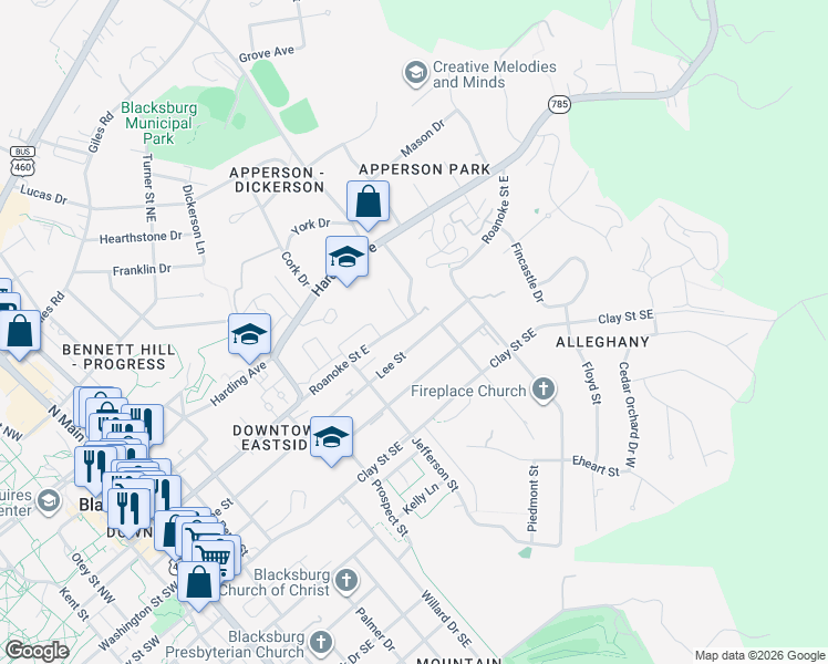 map of restaurants, bars, coffee shops, grocery stores, and more near 723 East Roanoke Street in Blacksburg