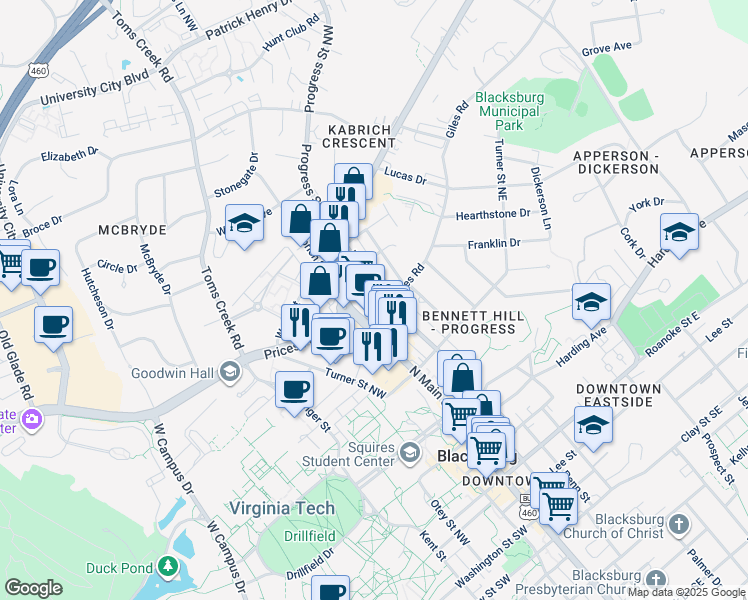 map of restaurants, bars, coffee shops, grocery stores, and more near 706 Progress Street Northeast in Blacksburg