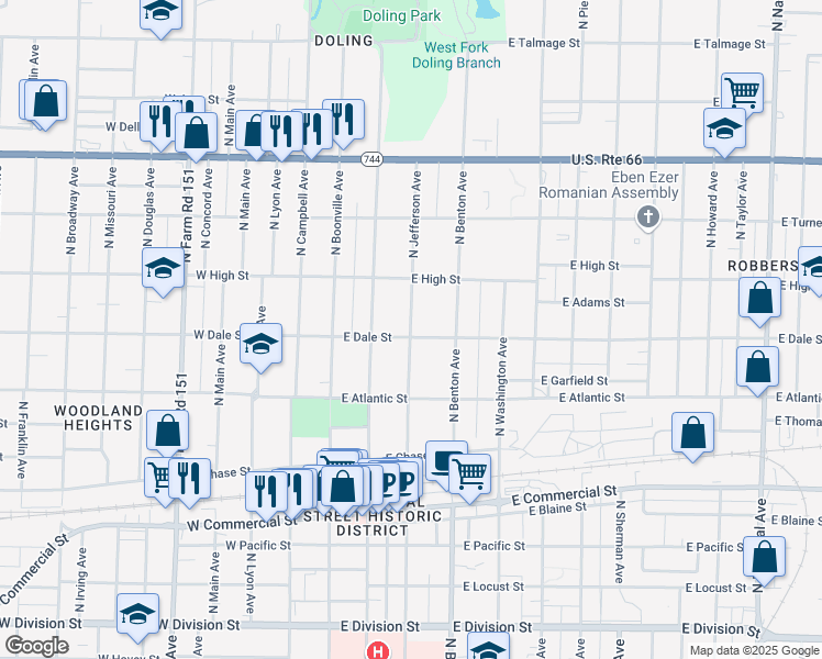 map of restaurants, bars, coffee shops, grocery stores, and more near 2127 North Jefferson Avenue in Springfield