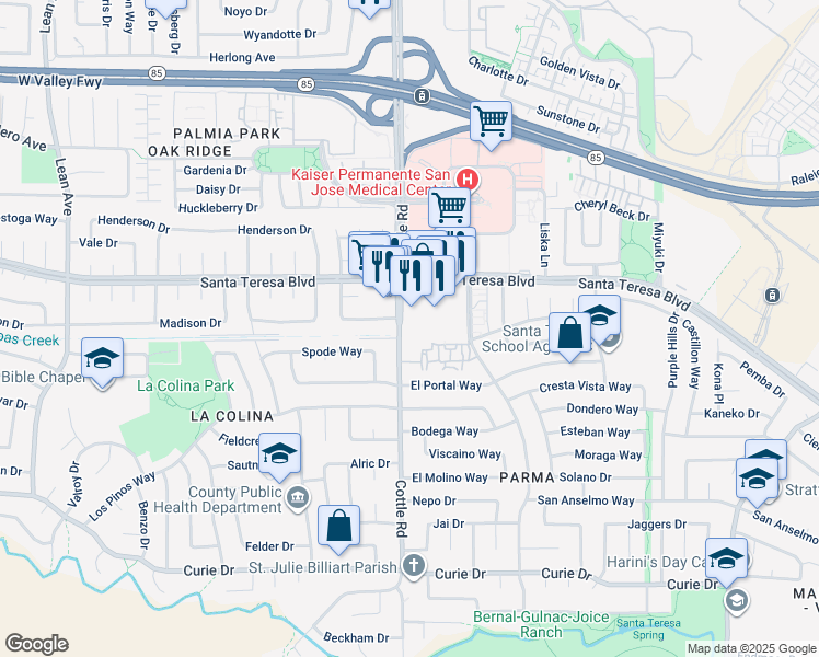 map of restaurants, bars, coffee shops, grocery stores, and more near 6215 Santa Teresa Boulevard in San Jose