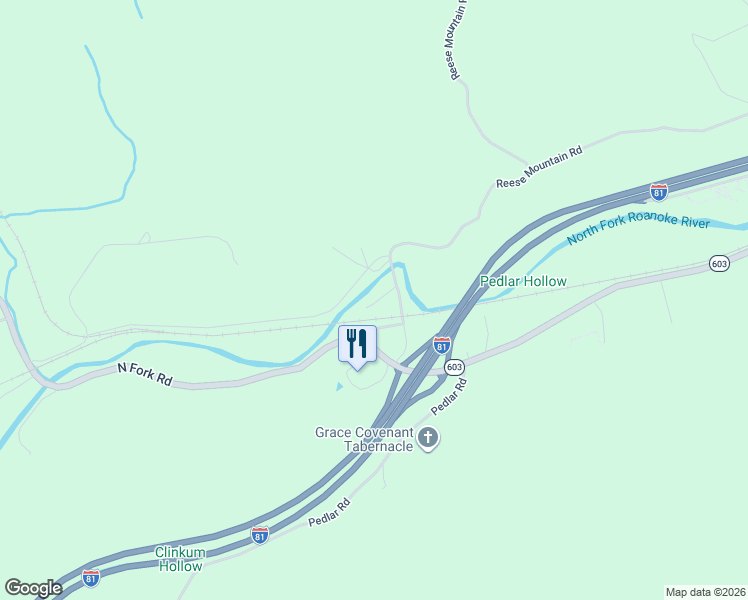 map of restaurants, bars, coffee shops, grocery stores, and more near 2351 Reese Mountain Road in Elliston