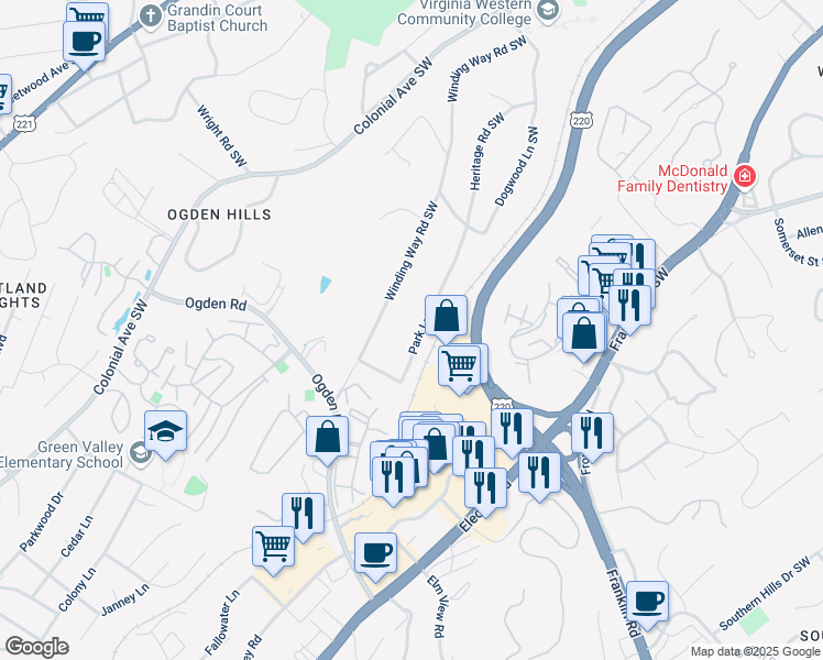 map of restaurants, bars, coffee shops, grocery stores, and more near 3933 Park Lane Southwest in Roanoke