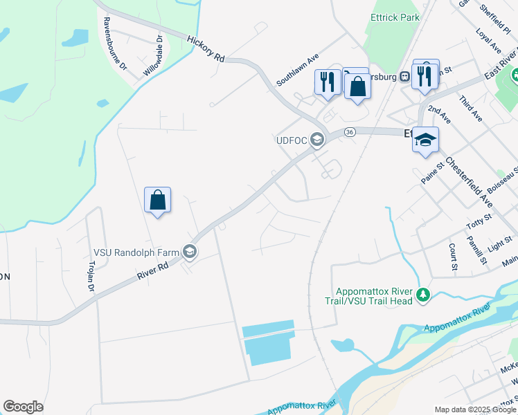 map of restaurants, bars, coffee shops, grocery stores, and more near 4204 Brickhouse Court in Ettrick