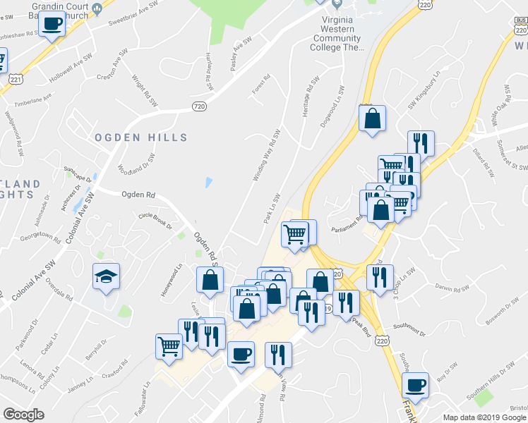 map of restaurants, bars, coffee shops, grocery stores, and more near 3933 Park Lane Southwest in Roanoke