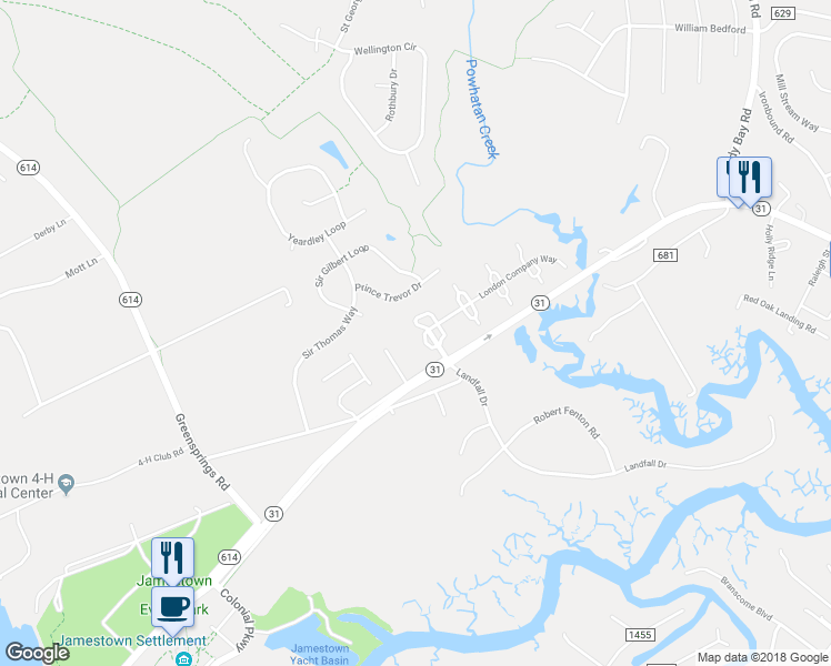 map of restaurants, bars, coffee shops, grocery stores, and more near 303 London Company Way in Williamsburg
