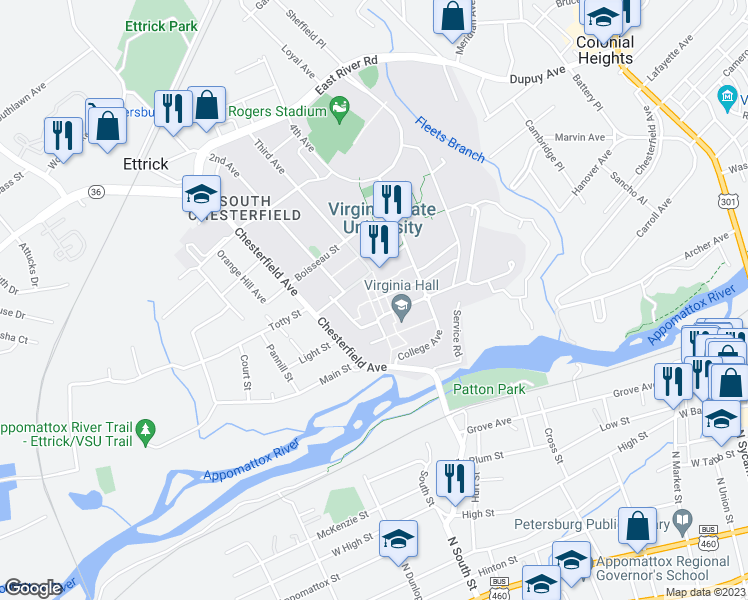 map of restaurants, bars, coffee shops, grocery stores, and more near Lee St in Ettrick