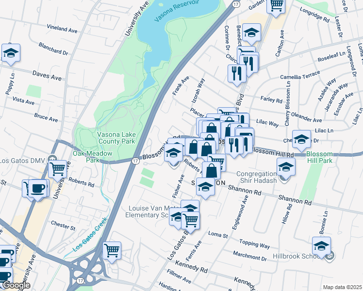 map of restaurants, bars, coffee shops, grocery stores, and more near 16979 Roberts Road in Los Gatos