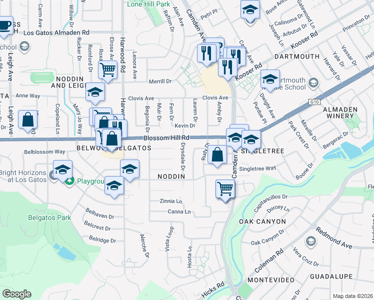 map of restaurants, bars, coffee shops, grocery stores, and more near 5607 Drysdale Drive in San Jose