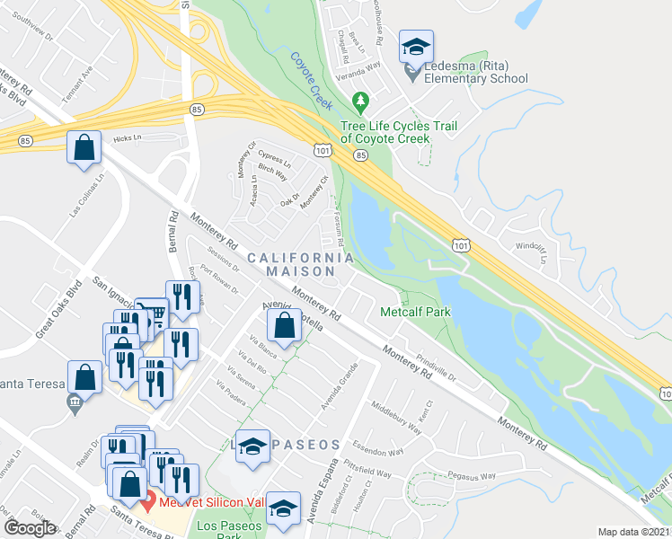 map of restaurants, bars, coffee shops, grocery stores, and more near 6986 Gregorich Drive in San Jose