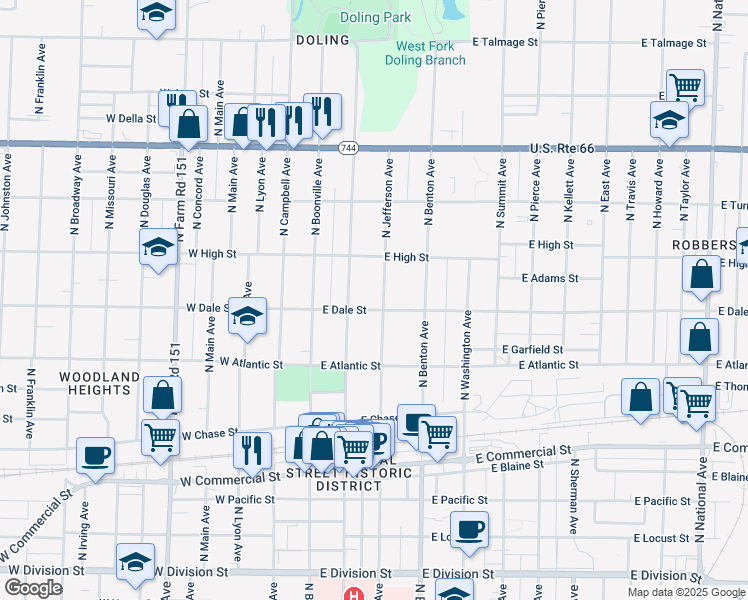 map of restaurants, bars, coffee shops, grocery stores, and more near 2127 North Jefferson Avenue in Springfield