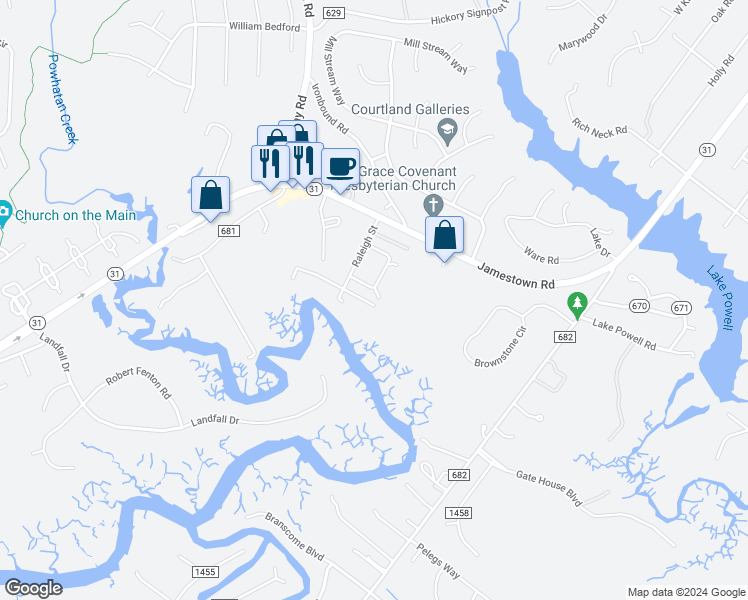 map of restaurants, bars, coffee shops, grocery stores, and more near 145 Albemarle Drive in Williamsburg