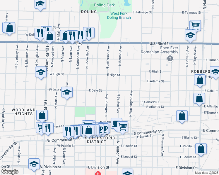 map of restaurants, bars, coffee shops, grocery stores, and more near 2127 North Benton Avenue in Springfield