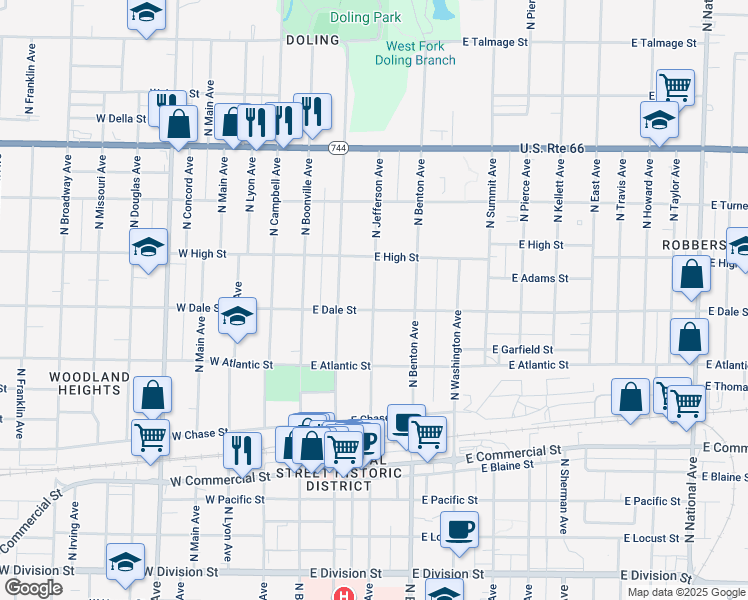 map of restaurants, bars, coffee shops, grocery stores, and more near 2127 North Jefferson Avenue in Springfield