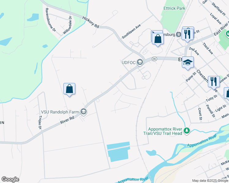 map of restaurants, bars, coffee shops, grocery stores, and more near 4204 Brickhouse Court in Ettrick