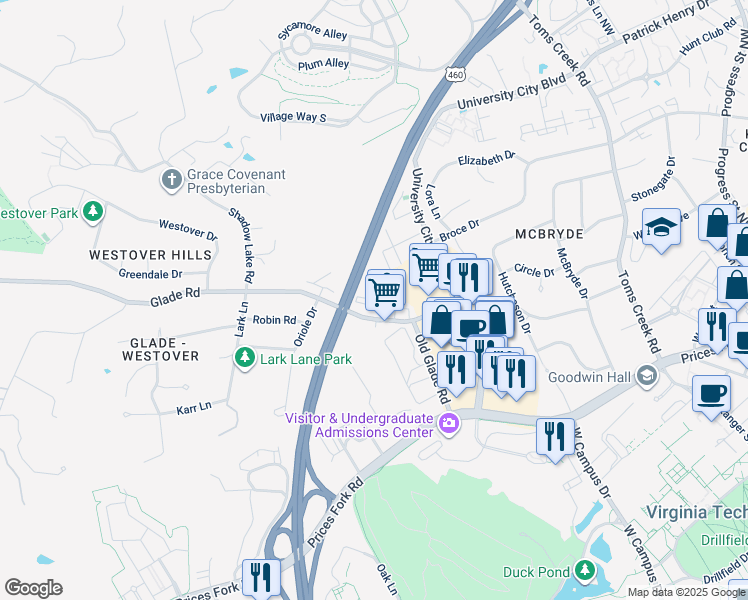 map of restaurants, bars, coffee shops, grocery stores, and more near 832 Claytor Square in Blacksburg