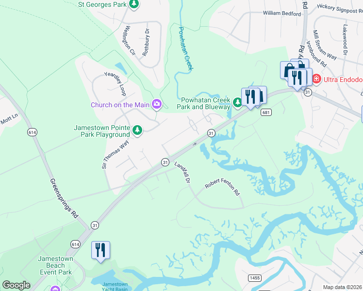map of restaurants, bars, coffee shops, grocery stores, and more near 1102 London Company Way in Williamsburg