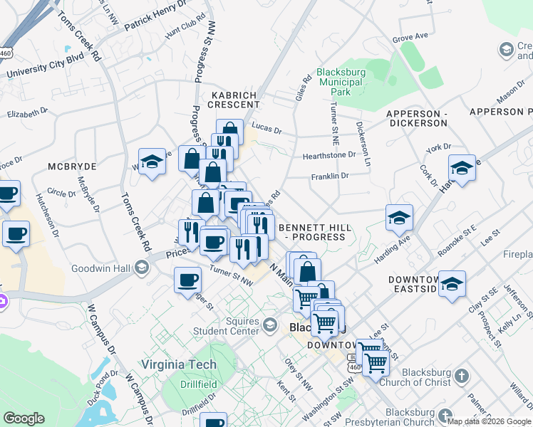 map of restaurants, bars, coffee shops, grocery stores, and more near 205 Giles Road in Blacksburg