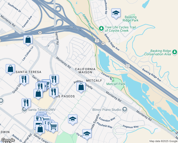 map of restaurants, bars, coffee shops, grocery stores, and more near 6978 Gregorich Drive in San Jose