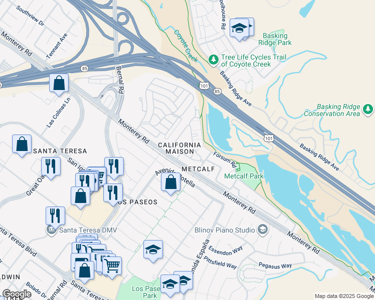 map of restaurants, bars, coffee shops, grocery stores, and more near 6978 Gregorich Drive in San Jose