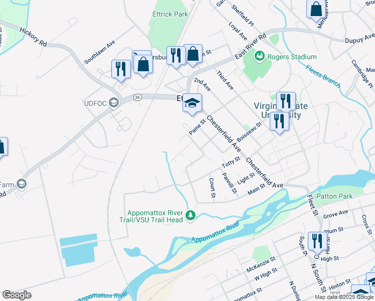 map of restaurants, bars, coffee shops, grocery stores, and more near 3809 Greenwood Drive in Ettrick