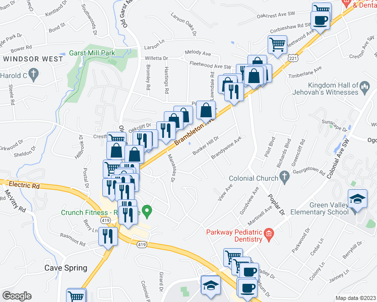 map of restaurants, bars, coffee shops, grocery stores, and more near 3625 Bunker Hill Drive in Roanoke