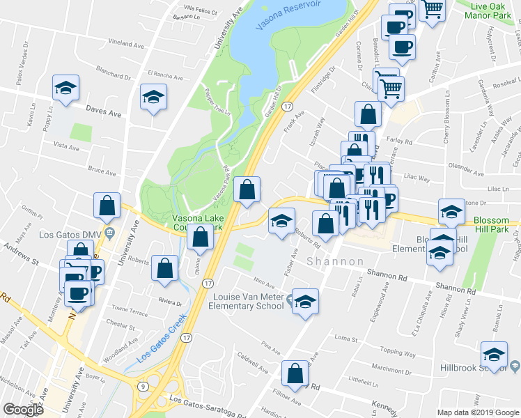 map of restaurants, bars, coffee shops, grocery stores, and more near 517 Blossom Hill Road in Los Gatos
