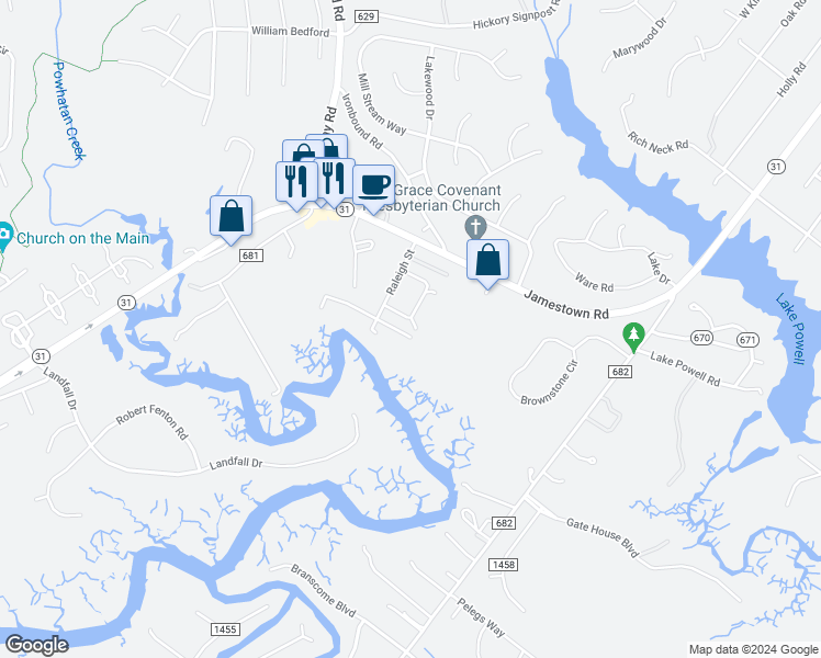map of restaurants, bars, coffee shops, grocery stores, and more near 147 Albemarle Drive in Williamsburg