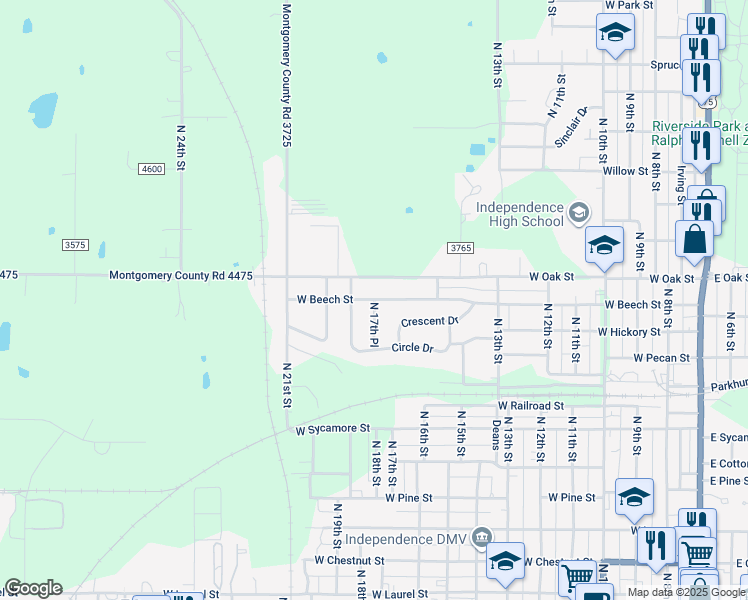 map of restaurants, bars, coffee shops, grocery stores, and more near 1035 North 17th Place in Independence