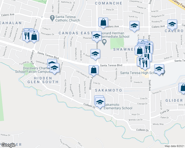 map of restaurants, bars, coffee shops, grocery stores, and more near 6147 Blossom Avenue in San Jose