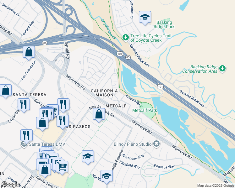 map of restaurants, bars, coffee shops, grocery stores, and more near 6986 Gregorich Drive in San Jose